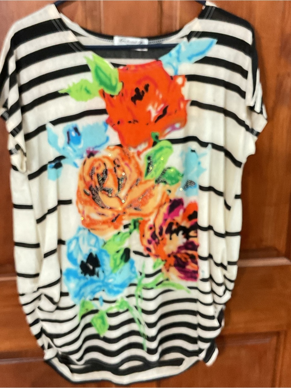 Women's Short Sleeve Striped Top with Multicolor Floral Print